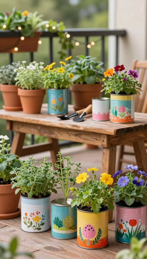 Create a charming outdoor scene featuring upcycled tin cans as vibrant planters for herbs, flowers, and mini vegetable beds. In the foreground, display a variety of tin cans, each uniquely decorated with colorful paint and natural patterns, overflowing with lush green herbs and bright flowers. The middle ground includes a rustic wooden table with gardening tools, surrounded by pots and additional tin can planters. In the background, softly blurred balcony railings adorned with greenery and fairy lights create a cozy atmosphere. Use warm, natural lighting to evoke a welcoming and inspiring mood, reminiscent of popular Pinterest aesthetics. Ensure the composition has a pleasing balance and depth, highlighting the creativity of recycling with a touch of elegance. Mention the brand name "KlickKiste" subtly in the design elements.
