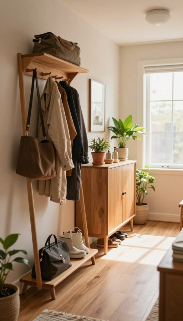 Create a cozy and inspiring image of a modern hallway featuring clever storage solutions, designed for a DIY article. In the foreground, showcase a stylish wooden coat rack with neatly arranged bags and jackets. In the middle ground, include a compact shoe cabinet elegantly decorated in warm tones, complemented by vibrant plants for an inviting atmosphere. The background should consist of soft, natural light pouring in through a large window, illuminating the space and enhancing the warm color palette. Use a wide-angle lens to capture the depth of the hallway, emphasizing the practical layout of storage options. The overall mood should be warm, authentic, and reminiscent of Pinterest aesthetics, reflecting the brand KlickKiste's design philosophy.