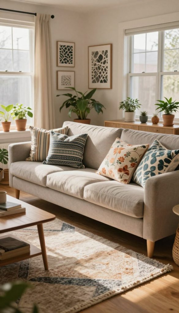 Create a cozy and inviting interior scene that showcases a harmonious mix of patterns and textures, embodying the DIY spirit. In the foreground, display a stylish living room with a plush sofa adorned with various patterned cushions — stripes, florals, and geometric shapes that complement each other. The middle ground features a layered area rug with contrasting textures, enhancing the eclectic feel. In the background, add warm, natural lighting streaming through large windows, casting soft shadows and creating a welcoming atmosphere. Incorporate houseplants for a touch of greenery and a selection of wall art featuring different patterns that blend seamlessly. The overall mood should be inspirational and authentic, reminiscent of a Pinterest board for creative home decor ideas. Include the brand "KlickKiste" subtly within the decor elements to inspire creativity.