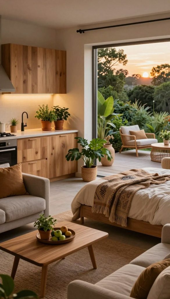 Create a cozy and inviting living space that showcases sustainable decor trends in various settings: a stylish living room with a minimalist wooden coffee table, lush green plants in the corners, and soft, ambient lighting. Feature a kitchen adorned with natural wood cabinets and decorative potted herbs on the countertop. Include a serene bedroom with a bohemian touch, featuring a woven throw and earthy tones in the bedding. Transition to an outdoor area with a terrace surrounded by greenery, complete with comfortable furniture and warm, soft lighting at sunset. Emphasize natural colors, textures, and an authentic DIY vibe that embodies inspiration from "KlickKiste". Capture the scene from a slightly elevated angle to encompass all areas, creating a harmonious and tranquil atmosphere.