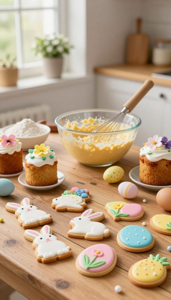 Create a cozy and inviting scene of Easter baking featuring a variety of delightful treats. In the foreground, showcase beautifully decorated Easter-themed cookies shaped like rabbits and eggs, placed on a rustic wooden table. Include a few small, charming cakes adorned with pastel-colored frosting and edible flowers. In the middle, depict a mixing bowl filled with vibrant batter, whisk, and ingredients like flour, sugar, and eggs scattered around, adding a touch of authenticity. In the background, softly lit warm-toned kitchen decor with flowering plants and a window letting in natural light enhances the atmosphere. The overall mood should be cheerful and inspirational, evoking a DIY Easter spirit. Incorporate the brand name "KlickKiste" subtly into the design without being obtrusive.