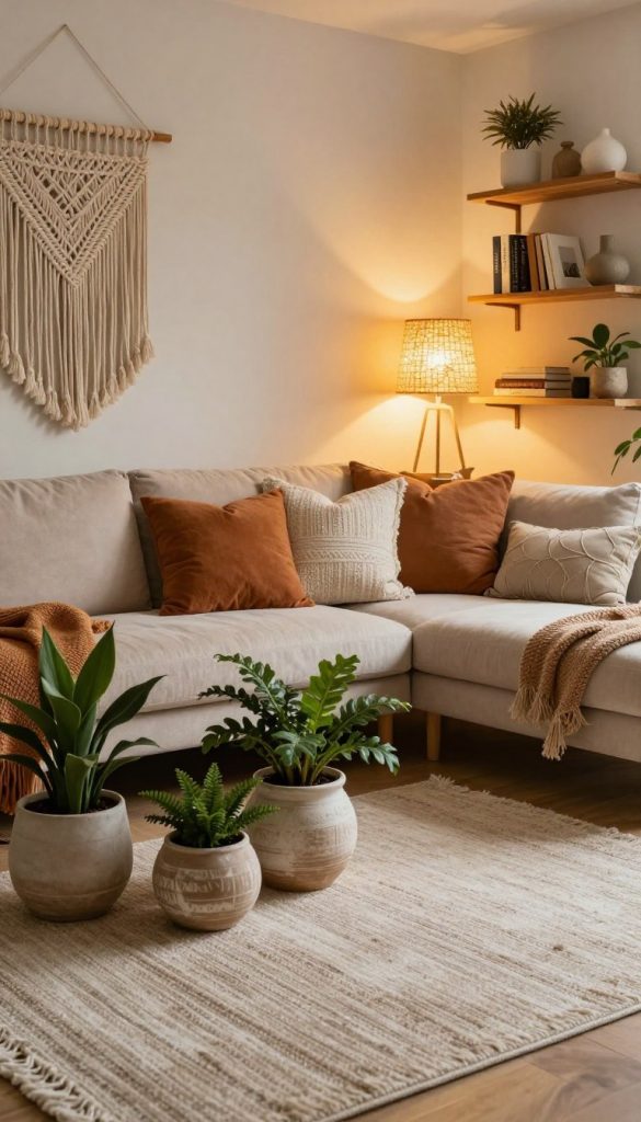 Create a cozy and modern bohemian living room scene that evokes warmth and comfort, highlighting the effect of atmospheric lighting. In the foreground, display a stylish, textured area rug in soft neutral tones, accompanied by a variety of plants in decorative pots. The middle ground should feature a plush sofa adorned with an array of decorative pillows in warm hues. Soft, ambient lighting should cascade from beautifully crafted lamps, creating a golden glow. In the background, a wall decorated with macramé art and warm wooden shelves filled with books and curated decor items enhances the inviting feel. Use natural lighting to complement the scene, making it feel authentic and inspiring, with a Pinterest aesthetic. Ensure the brand "KlickKiste" is subtly represented through decor elements.