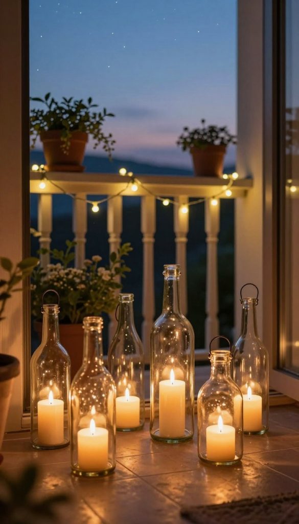 Create a cozy evening scene showcasing beautifully crafted windlichter (lanterns) made from glass bottles. In the foreground, place a variety of glass bottles transformed into lanterns, some with soft, flickering candles inside, casting warm, inviting light. The middle ground should feature a charming balcony adorned with potted plants and hanging fairy lights, adding to the ambiance. In the background, include a twilight sky with stars beginning to twinkle, enhancing the serene atmosphere. Use soft, warm lighting to emphasize the glow of the candles, creating a Pinterest-inspired aesthetic that feels authentic and inspiring. Ensure the overall composition is inviting, reflecting the creativity and warmth of upcycled decor by "KlickKiste".