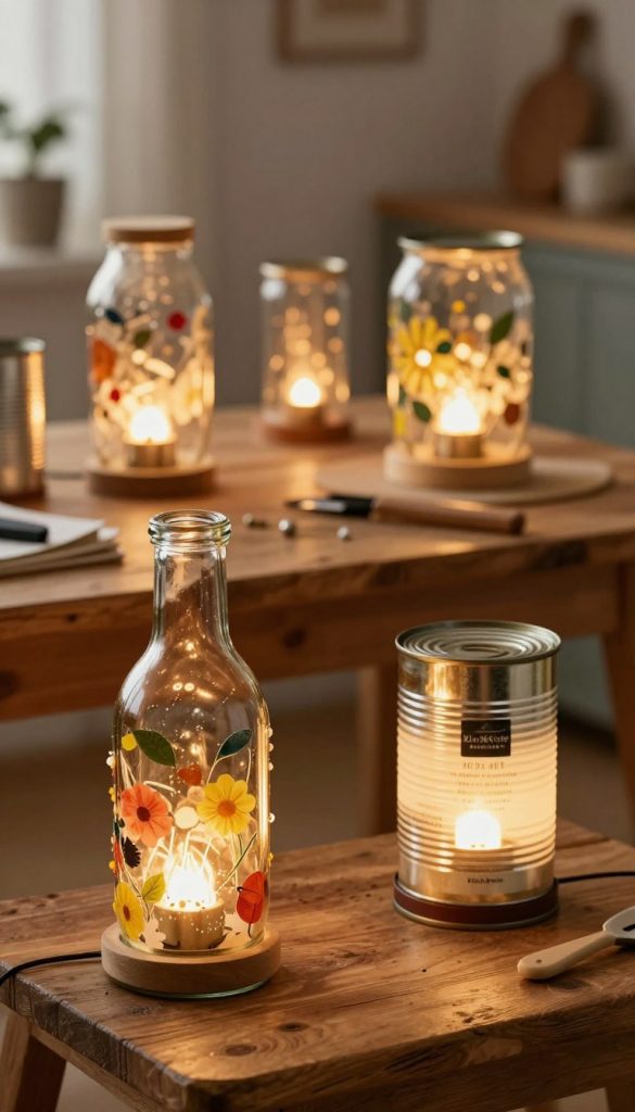 Create a cozy, inspirational scene showcasing various DIY lamp ideas made from recycled materials like glass jars, cans, and kitchen items. In the foreground, display a beautifully crafted lamp made from a colorful glass bottle with warm, inviting lighting emanating from within. Next to it, place a vintage tin can repurposed into a charming lamp with a soft glow. In the middle ground, show additional DIY lamp designs arranged on a rustic wooden table, surrounded by crafting tools and materials. The background should feature a softly lit, homey environment, with warm colors that evoke a Pinterest-style aesthetic. Ensure that the overall atmosphere is authentic and inspiring, promoting creativity and sustainability. Include a subtle brand logo of "KlickKiste" in the design.