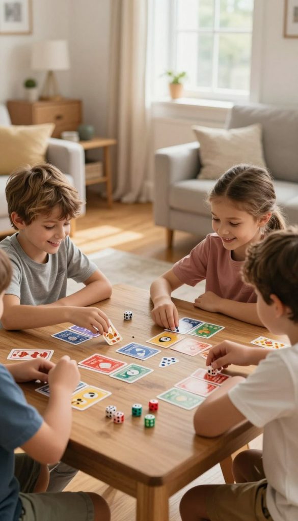 Create a cozy, inviting scene featuring a family playing traditional card and dice games together in a warm, brightly lit living room. In the foreground, a wooden table scattered with colorful cards, dice, and cheerful player tokens enhances the atmosphere of fun and learning. The middle ground captures two children, a boy and a girl, dressed in comfortable casual clothing, deeply engaged in the game, with smiles on their faces. In the background, soft, natural light filters through a window adorned with simple curtains, illuminating the warm wooden floors and creating a Pinterest-worthy, DIY-inspired environment. Emphasize the emotional connection and cooperation among the players, reflecting the essence of "KlickKiste" in a safe, family-friendly context. Create a cozy, inviting scene featuring a family playing traditional card and dice games together in a warm, brightly lit living room. In the foreground, a wooden table scattered with colorful cards, dice, and cheerful player tokens enhances the atmosphere of fun and learning. The middle ground captures two children, a boy and a girl, dressed in comfortable casual clothing, deeply engaged in the game, with smiles on their faces. In the background, soft, natural light filters through a window adorned with simple curtains, illuminating the warm wooden floors and creating a Pinterest-worthy, DIY-inspired environment. Emphasize the emotional connection and cooperation among the players, reflecting the essence of "KlickKiste" in a safe, family-friendly context.