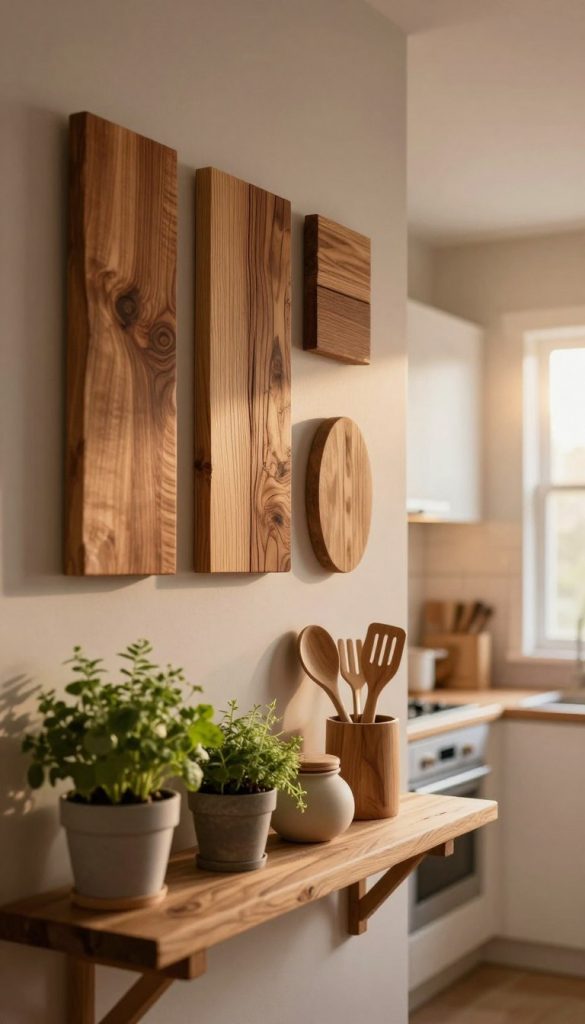 Create a cozy kitchen scene featuring beautifully designed wooden wall decor that embodies warmth, texture, and natural style. In the foreground, showcase a rustic wooden shelf adorned with a selection of potted herbs and stylish kitchen utensils. The middle ground should feature an intricately crafted wooden wall, showcasing various shades of brown and unique grain patterns, radiating an earthy ambiance. In the background, a softly illuminated kitchen with warm lighting enhances the inviting atmosphere, highlighting the natural beauty of wood. Use a soft-focus lens effect to create a dreamy quality, and lens flare to suggest late afternoon sunlight filtering through the windows. Inspire a feeling of comfort and creativity, while reflecting the aesthetic of "KlickKiste". Ensure the image is free of any text, logos, or people, focusing solely on the warm, natural elements of the scene. Create a cozy kitchen scene featuring beautifully designed wooden wall decor that embodies warmth, texture, and natural style. In the foreground, showcase a rustic wooden shelf adorned with a selection of potted herbs and stylish kitchen utensils. The middle ground should feature an intricately crafted wooden wall, showcasing various shades of brown and unique grain patterns, radiating an earthy ambiance. In the background, a softly illuminated kitchen with warm lighting enhances the inviting atmosphere, highlighting the natural beauty of wood. Use a soft-focus lens effect to create a dreamy quality, and lens flare to suggest late afternoon sunlight filtering through the windows. Inspire a feeling of comfort and creativity, while reflecting the aesthetic of "KlickKiste". Ensure the image is free of any text, logos, or people, focusing solely on the warm, natural elements of the scene.