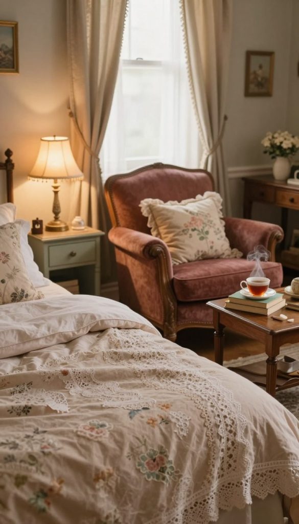 Create a cozy retro-style room that embodies romantic decor, showcasing a beautifully arranged bedroom scene. In the foreground, include a plush, vintage queen-sized bed with soft pastel linens, layered with delicate lace and floral throw pillows. A bedside table adorned with a softly glowing vintage lamp adds warmth. In the middle, integrate a tasteful armchair with rich fabric and a small wooden coffee table, scattered with books and a steaming cup of tea, exuding an inviting atmosphere. The background features a softly lit window with sheer curtains that allow gentle sunlight to filter through, enhancing the mood. Use warm, natural colors and a soft focus effect to evoke feelings of nostalgia. Ensure the space is authentically styled to resonate with a Pinterest aesthetic, representing "KlickKiste".