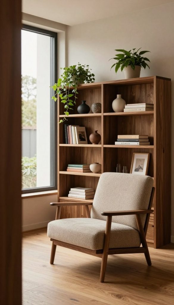 Create a serene and elegant interior space showcasing a modern room with wooden accents. In the foreground, display a cozy reading nook featuring a plush chair adorned with textured fabrics. The middle section features a stylish wooden bookshelf filled with carefully curated decor items and greenery, emphasizing harmony and warmth. In the background, let a large window diffuse soft, natural light, illuminating the room with a gentle glow. Aim for a Pinterest-worthy aesthetic, highlighting rich, warm colors that evoke a welcoming atmosphere. The flooring should be made of light wood, enhancing the warm tones, while the walls are adorned with subtle textures. Incorporate elements representing the brand "KlickKiste," ensuring the entire scene feels authentic and inspiring, devoid of clutter, and illustrating the beauty of targeted wood accents in modern design.