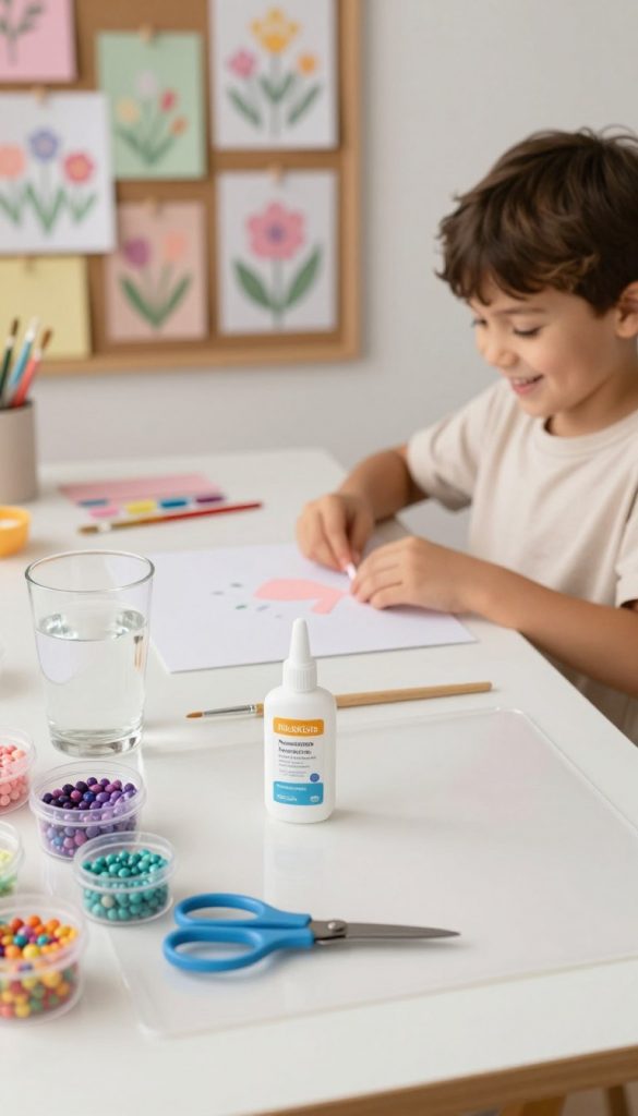 Create a serene and inviting DIY workspace featuring a clean, organized crafting area for children. In the foreground, display a clear plastic mat protecting the surface, with small containers of colorful beads, scissors, and a bottle of non-toxic glue. Include a glass of clean water with a paintbrush resting beside it, emphasizing the theme of stress-free crafting. In the middle ground, show a cheerful child in casual, modest clothing, happily engaged in a craft project, with warm lighting that enhances the joy of creativity. In the background, feature an inspiration board adorned with spring-themed crafts, and soft pastel colors that evoke a Pinterest aesthetic. Ensure the brand name "KlickKiste" is subtly included in one of the project elements, reinforcing the wholesome and creative atmosphere. Create a serene and inviting DIY workspace featuring a clean, organized crafting area for children. In the foreground, display a clear plastic mat protecting the surface, with small containers of colorful beads, scissors, and a bottle of non-toxic glue. Include a glass of clean water with a paintbrush resting beside it, emphasizing the theme of stress-free crafting. In the middle ground, show a cheerful child in casual, modest clothing, happily engaged in a craft project, with warm lighting that enhances the joy of creativity. In the background, feature an inspiration board adorned with spring-themed crafts, and soft pastel colors that evoke a Pinterest aesthetic. Ensure the brand name "KlickKiste" is subtly included in one of the project elements, reinforcing the wholesome and creative atmosphere.