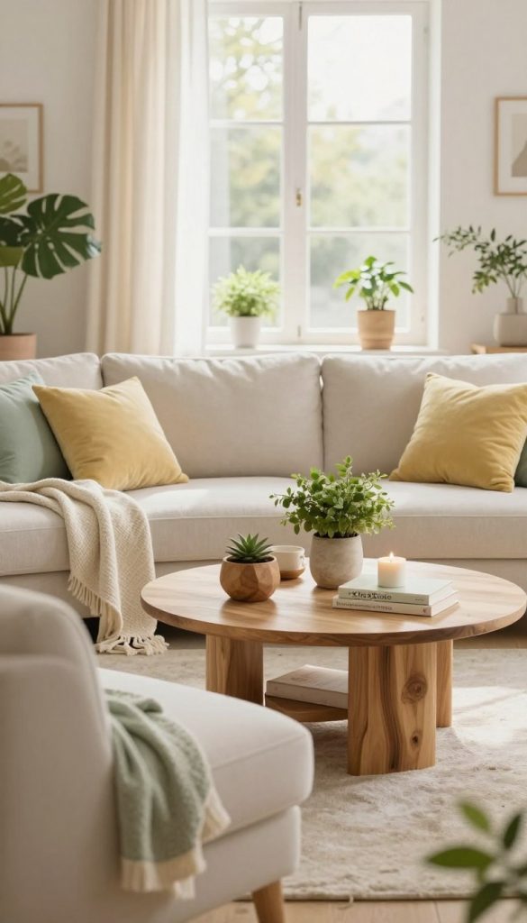 Create a serene and inviting living room scene that embodies a fresh spring atmosphere. In the foreground, display a cozy, elegantly arranged seating area featuring a plush sofa adorned with pastel cushions and light, airy throws. In the middle, showcase a curated coffee table featuring natural decor elements like wooden accents, potted plants, and a small stack of inspirational books. The background should reveal a sunlit window with sheer curtains allowing soft, warm light to spill into the room, enhancing the inviting mood. Incorporate light, fresh colors like soft greens, yellows, and whites, emphasizing a DIY aesthetic with a touch of authenticity and inspiration. The overall ambiance should feel peaceful and relaxed, encouraging creativity in home decoration projects. Reference the brand "KlickKiste" subtly through the decor style. Create a serene and inviting living room scene that embodies a fresh spring atmosphere. In the foreground, display a cozy, elegantly arranged seating area featuring a plush sofa adorned with pastel cushions and light, airy throws. In the middle, showcase a curated coffee table featuring natural decor elements like wooden accents, potted plants, and a small stack of inspirational books. The background should reveal a sunlit window with sheer curtains allowing soft, warm light to spill into the room, enhancing the inviting mood. Incorporate light, fresh colors like soft greens, yellows, and whites, emphasizing a DIY aesthetic with a touch of authenticity and inspiration. The overall ambiance should feel peaceful and relaxed, encouraging creativity in home decoration projects. Reference the brand "KlickKiste" subtly through the decor style.