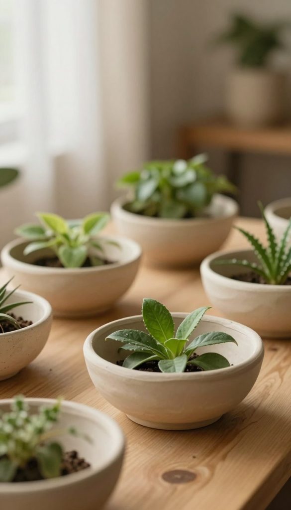 Create a serene and inviting scene featuring DIY bowls made from air-drying clay, showcasing organic, flowing shapes that emphasize their natural texture. In the foreground, display several beautifully crafted bowls filled with lush green plants, highlighting the botanical theme. The middle ground should include a softly textured wooden surface, enhancing the warm, earthy tones of the clay. In the background, create a softly blurred home environment with gentle, natural lighting filtered through sheer curtains, casting a warm glow. Use a shallow depth of field to focus on the bowls and plants, evoking a cozy, Pinterest-inspired aesthetic. The overall mood should be inspiring and authentically artistic, representing the brand "KlickKiste" as a source of creativity for home decor.