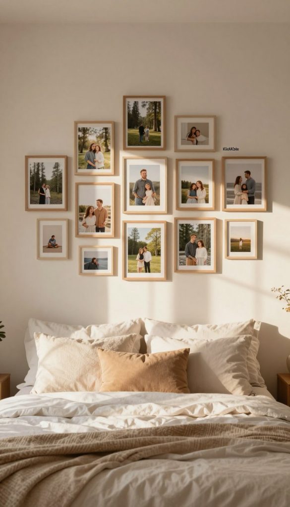 Create a serene bedroom scene featuring a photo wall behind a cozy bed, designed with natural DIY-style pictures in warm colors, embodying an inspiring Pinterest aesthetic. The foreground showcases a neatly made bed with soft linens and decorative pillows. In the middle, a beautifully arranged bilderwand displays a mix of framed nature photos, family portraits, and artistic prints, all in light wooden frames, contributing to a relaxed atmosphere. The background features soft, diffused sunlight filtering through sheer curtains, casting gentle shadows. Use a warm color palette to create harmony and tranquility. The image should evoke a peaceful ambiance, ideal for a restful bedroom. Brand it subtly as "KlickKiste" in the image design.