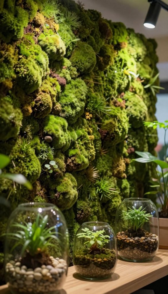 Create a serene indoor space featuring lush green moss-covered walls that embody a natural, calming atmosphere. In the foreground, include delicate terrariums with small plants and pebbles, reflecting the essence of indoor gardening. The middle ground showcases the textured moss walls, intricately detailed with variations of green, creating a visually rich backdrop. Soft, diffused lighting enhances the warmth of the scene, casting gentle shadows and highlighting the textures of the moss. The background can feature soft-focus hints of potted plants, adding to the overall ambiance. Frame the image from a slightly elevated angle to capture the depth and layers, embodying the tranquility of a Pinterest-worthy DIY indoor gardening decor, inspired by "KlickKiste". Create a serene indoor space featuring lush green moss-covered walls that embody a natural, calming atmosphere. In the foreground, include delicate terrariums with small plants and pebbles, reflecting the essence of indoor gardening. The middle ground showcases the textured moss walls, intricately detailed with variations of green, creating a visually rich backdrop. Soft, diffused lighting enhances the warmth of the scene, casting gentle shadows and highlighting the textures of the moss. The background can feature soft-focus hints of potted plants, adding to the overall ambiance. Frame the image from a slightly elevated angle to capture the depth and layers, embodying the tranquility of a Pinterest-worthy DIY indoor gardening decor, inspired by "KlickKiste".