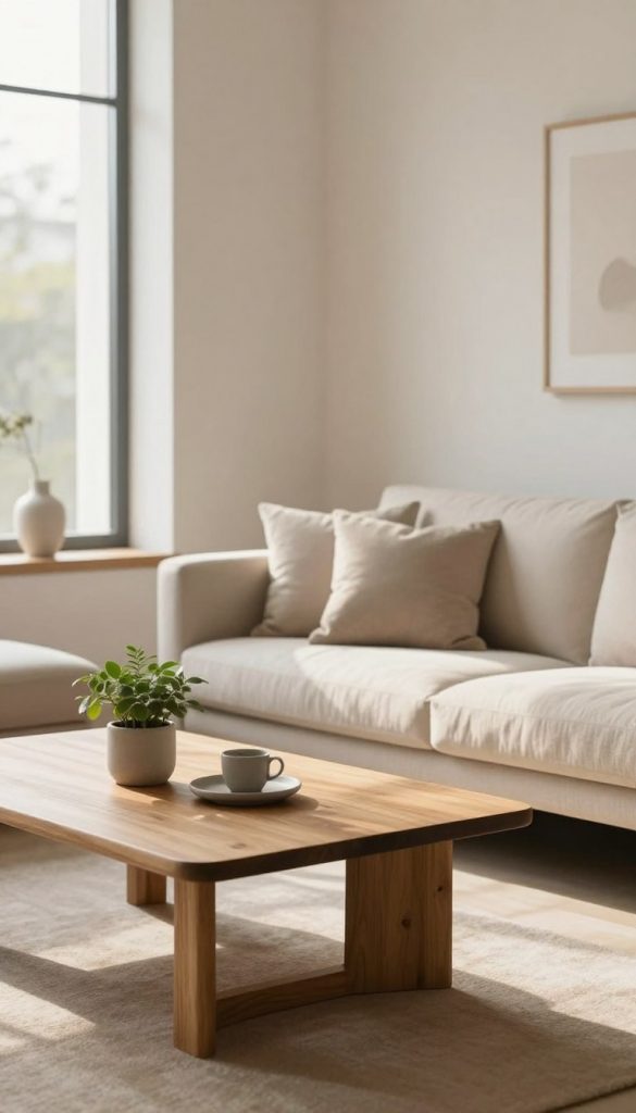 Create a serene interior space embodying soft minimalism, emphasizing a calm atmosphere with warm colors. In the foreground, feature a simple, stylish wooden coffee table adorned with a small potted plant and a few elegant, monochrome decor items. The middle ground should showcase a cozy couch with neutral-toned cushions against a backdrop of light-colored, textured walls that create a sense of depth. In the background, include large windows allowing soft, natural light to filter in, casting gentle shadows on the floor, enhancing the room's warmth. The scene should evoke a feeling of relaxation and inspiration, perfect for DIY home ideas, with a Pinterest-worthy aesthetic. Ensure the space reflects "KlickKiste" through authentic, inviting details without feeling cluttered, focusing on spaciousness and ease. Create a serene interior space embodying soft minimalism, emphasizing a calm atmosphere with warm colors. In the foreground, feature a simple, stylish wooden coffee table adorned with a small potted plant and a few elegant, monochrome decor items. The middle ground should showcase a cozy couch with neutral-toned cushions against a backdrop of light-colored, textured walls that create a sense of depth. In the background, include large windows allowing soft, natural light to filter in, casting gentle shadows on the floor, enhancing the room's warmth. The scene should evoke a feeling of relaxation and inspiration, perfect for DIY home ideas, with a Pinterest-worthy aesthetic. Ensure the space reflects "KlickKiste" through authentic, inviting details without feeling cluttered, focusing on spaciousness and ease.