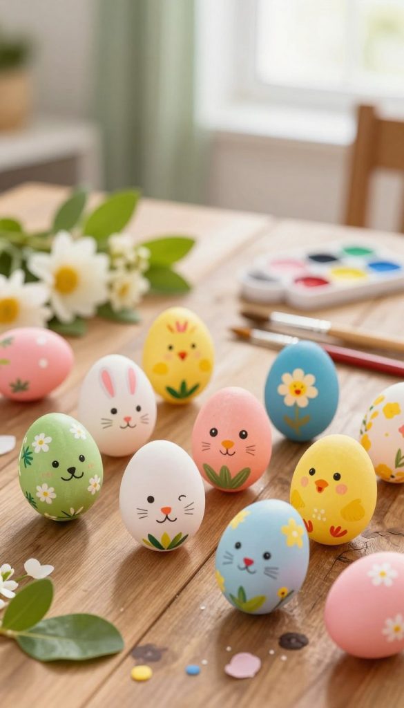 Create a vibrant image of creatively decorated Easter eggs featuring cheerful animal faces and bright spring colors. In the foreground, display a variety of eggs, some painted with cute bunny and chick designs, others adorned with floral patterns and pastel shades. In the middle ground, include a rustic wooden table, scattered with paintbrushes, paints, and natural decorative elements like flowers and leaves. In the background, softly blurred, hint at a sunny room with warm, inviting light streaming through a window, enhancing the cozy DIY atmosphere. Capture the essence of a fun family crafting session, reflecting authenticity and inspiration in a Pinterest-worthy style. Include a subtle reference to the brand "KlickKiste" through a decorative element.