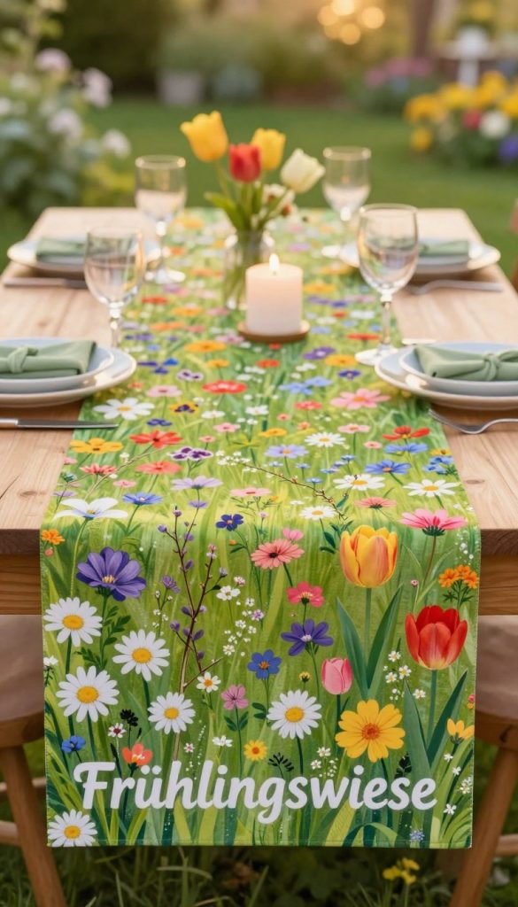 Create a vibrant, natural scene of a spring-themed table runner designed as a "Frühlingswiese" (Spring Meadow) adorned with an array of colorful flowers and delicate twigs. In the foreground, showcase the intricate details of blooming daisies, tulips, and wildflowers interwoven with fresh green foliage, inviting a sense of warmth and freshness. The middle ground features the table setting with softly lit candles and elegant tableware, bathed in golden hour lighting, enhancing the cozy atmosphere. In the background, a blurred garden scene complements the vibrant colors, adding depth and context. Focus on creating an authentic and inspiring Pinterest aesthetic, showcasing the brand "KlickKiste" subtly in the decor. Aim for bright, warm colors to evoke feelings of joy and celebration, ensuring the image is free of any text or watermarks. Create a vibrant, natural scene of a spring-themed table runner designed as a "Frühlingswiese" (Spring Meadow) adorned with an array of colorful flowers and delicate twigs. In the foreground, showcase the intricate details of blooming daisies, tulips, and wildflowers interwoven with fresh green foliage, inviting a sense of warmth and freshness. The middle ground features the table setting with softly lit candles and elegant tableware, bathed in golden hour lighting, enhancing the cozy atmosphere. In the background, a blurred garden scene complements the vibrant colors, adding depth and context. Focus on creating an authentic and inspiring Pinterest aesthetic, showcasing the brand "KlickKiste" subtly in the decor. Aim for bright, warm colors to evoke feelings of joy and celebration, ensuring the image is free of any text or watermarks.