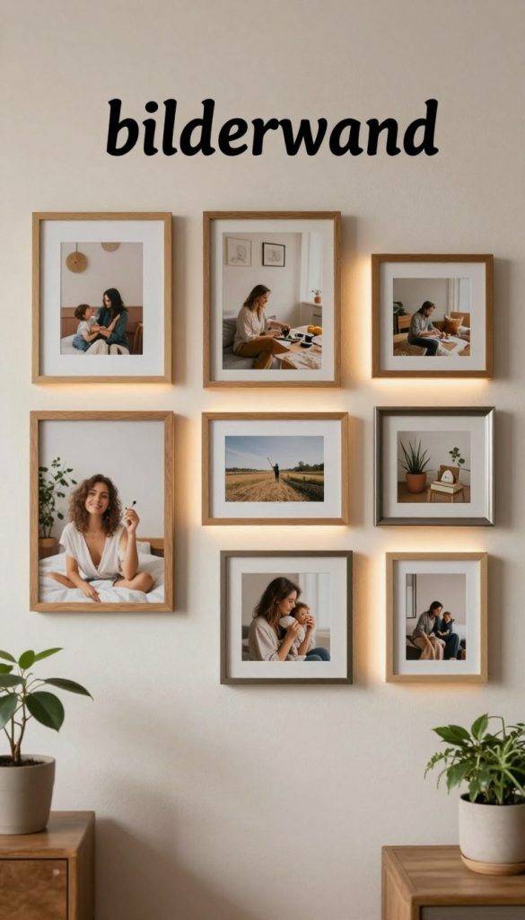Create a visually appealing "bilderwand" focusing on a modern photo wall design that harmonizes with the natural ambiance of a cozy living space. In the foreground, display a collection of warm-toned photographs in diverse frames, such as wood and metal, arranged artistically to avoid clutter. In the middle ground, include touches of soft LED lighting that gently highlights the images, casting a warm glow and creating an inviting atmosphere. The background features a subtle, textured wall that complements the color scheme, possibly with some greenery, like small potted plants, to enhance the natural feel. The overall mood should be authentic and inspiring, reminiscent of Pinterest aesthetics, embodying the brand "KlickKiste." Use soft, diffused lighting to capture the warmth and creativity of this DIY decor style, ensuring a professional and approachable finish.