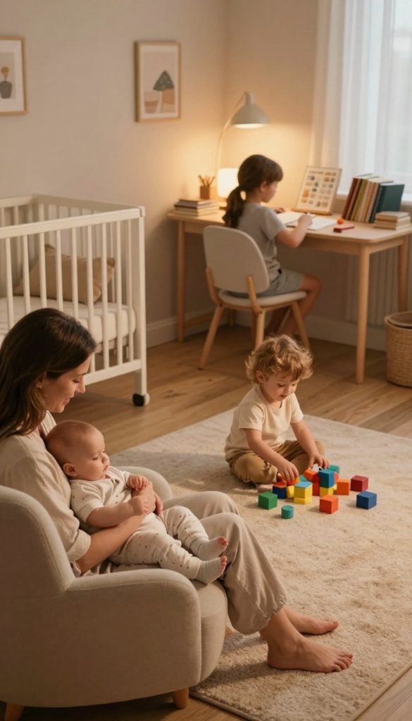 Create a warm and inviting family scene during an evening routine that reflects three age groups: a cozy nursery for a baby, a playful area for a toddler, and a calm study space for a school-aged child. In the foreground, show a mother gently rocking a baby in a plush chair, soft light illuminating their bond. In the middle, depict a toddler playing with colorful blocks on a soft rug, their joyful expression captured in warm hues. In the background, feature a serene study corner with a school child focusing on homework, surrounded by books and gentle ambient lighting. The entire scene should radiate authenticity and inspiration, encapsulating a nurturing environment. The overall composition should evoke feelings of tranquility and familial love, styled in a natural DIY aesthetic that reflects the brand "KlickKiste."