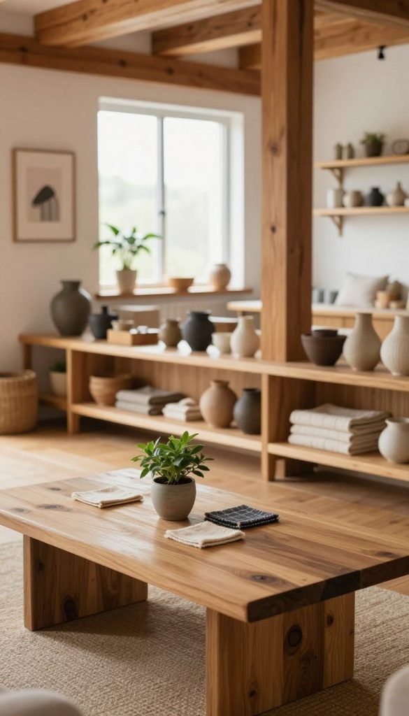 Create a warm and inviting interior scene featuring wood as the central material, showcasing a cozy living space that embodies sustainability and creativity. In the foreground, include a beautifully crafted wooden coffee table adorned with a small potted plant and natural fabric coasters. The middle layer should showcase wooden shelving with artisanal décor, including handmade pottery and natural textiles. In the background, a bright window allows soft, natural light to flood the room, highlighting the rich textures of the wooden beams and flooring. Use a soft focus lens with a slight perspective angle to enhance the depth. The overall mood should feel relaxing and inspiring, echoing a modern yet organic aesthetic. Capture the essence of "KlickKiste" by emphasizing authentic DIY elements in the decor.