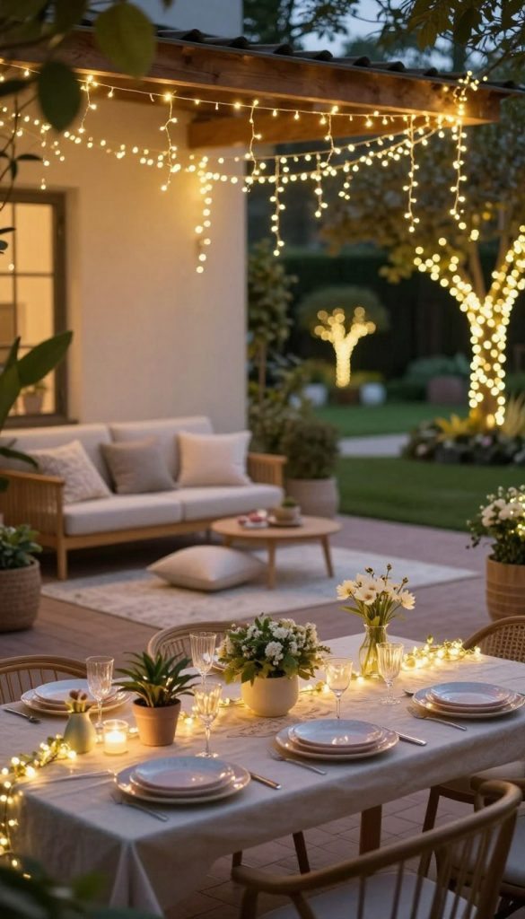 Create an enchanting image showcasing warm white LED fairy lights elegantly arranged both indoors and outdoors, emphasizing a cozy and inviting atmosphere. In the foreground, focus on a beautifully decorated dining table, adorned with soft pastel-colored tableware, surrounded by potted plants and flowers. In the middle, display a living space where soft glowing lights hang gracefully from a wooden beam, illuminating a comfortable seating area with plush cushions and a light-colored rug. In the background, depict a soft-focus garden scene at dusk, where LED lights twinkle around trees and along paths, creating a magical ambiance. Use a warm color palette and soft lighting to evoke a sense of serenity and inspiration, reminiscent of a Pinterest-style DIY project. The brand "KlickKiste" should subtly feature among the decor elements, adding an authentic touch to the composition.