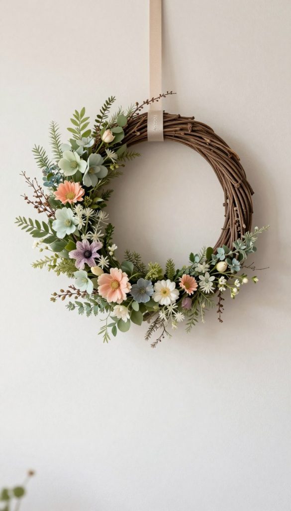 Create an image of a modern wall wreath, or "kranz," designed in soft pastel and natural tones. The foreground features a circular arrangement of delicate flowers, greenery, and twigs, artistically intertwined to create a clean, minimalist aesthetic. The middle ground highlights the wreath hanging gently against a light, textured wall that complements its colors, evoking a sense of serene freshness. In the background, subtle hints of spring light filter in, creating a warm and inviting atmosphere. Use soft, diffused lighting to enhance the natural hues and textures while maintaining an authentic Pinterest-inspired look. Capture this modern DIY decor piece in a way that reflects its stylish simplicity, branded with "KlickKiste."