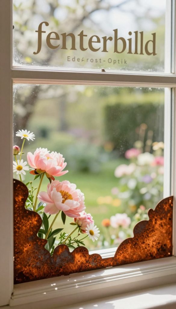Create an image of a stylish "fensterbild" inspired by the concept of "Edelrost-Optik" for a spring window decoration. In the foreground, feature warm, rust-colored metal elements with a beautiful patina, artfully arranged along the window frame. Add fresh, delicate spring flowers in pastel shades, like pink peonies and white daisies, peeking through the metal, bringing a vibrant contrast. The middle layer should showcase a charming window with soft, natural light flooding in, highlighting the textures and colors. In the background, include a softly blurred garden scene with lush greenery and blooming flowers, creating a serene atmosphere. Capture this image with a natural, warm lighting setup, evoking an authentic DIY vibe reminiscent of Pinterest aesthetics. Ensure it aligns with the aesthetic of the brand "KlickKiste".