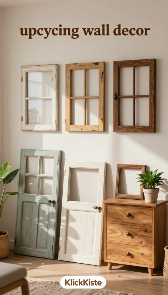 Create an inspiring image of "upcycling wall decor" featuring creatively repurposed old window frames, doors, and drawers. In the foreground, display a charming assortment of these items, artfully arranged to showcase their new roles as decorative pieces. Use warm, natural colors to evoke a cozy, inviting atmosphere. The middle ground should include a backdrop of a softly lit room with plants, enhancing the Pinterest-worthy aesthetic. Allow soft sunlight to filter through, casting gentle shadows, and create a warm ambiance. The scene should feel authentic and inspirational, capturing the essence of modern DIY decor. Include a subtle brand logo for "KlickKiste" in the lower corner to ensure brand recognition, without overwhelming the image's focus. Create an inspiring image of "upcycling wall decor" featuring creatively repurposed old window frames, doors, and drawers. In the foreground, display a charming assortment of these items, artfully arranged to showcase their new roles as decorative pieces. Use warm, natural colors to evoke a cozy, inviting atmosphere. The middle ground should include a backdrop of a softly lit room with plants, enhancing the Pinterest-worthy aesthetic. Allow soft sunlight to filter through, casting gentle shadows, and create a warm ambiance. The scene should feel authentic and inspirational, capturing the essence of modern DIY decor. Include a subtle brand logo for "KlickKiste" in the lower corner to ensure brand recognition, without overwhelming the image's focus.