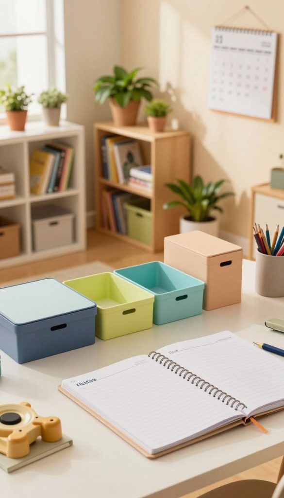 Create an inspiring indoor scene that embodies the essence of organization and efficiency, ideal for busy parents. In the foreground, feature a modern desk neatly arranged with practical organization tools from the brand "KlickKiste", including colorful storage boxes and a stylish planner. In the middle ground, display a cozy family space with a well-organized bookshelf, vibrant plants, and a calendar on the wall, reflecting a harmonious atmosphere. In the background, incorporate soft natural light streaming through a window, casting warm hues across the scene. The mood should feel tranquil yet productive, showcasing an inviting environment that encourages clarity and simplicity. Capture this from a slightly elevated angle to emphasize depth while ensuring a Pinterest-inspired aesthetic.