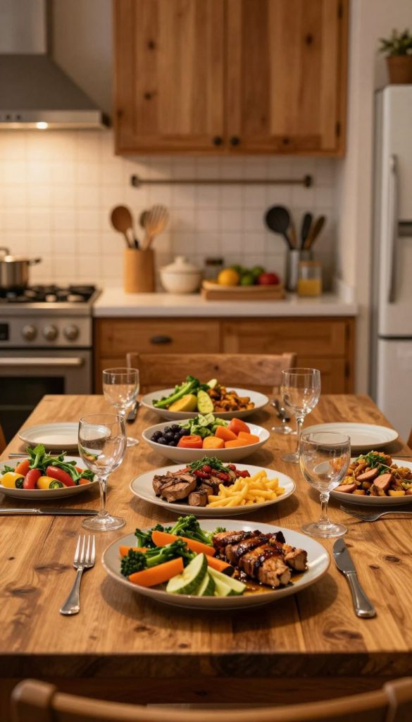 Create an inspiring kitchen scene featuring a beautifully set dining table ready for a family dinner. In the foreground, showcase a delicious, colorful meal plated appealingly, with fresh vegetables and a vibrant protein dish, reflecting a quick and healthy evening option. The middle ground should depict a warm, inviting kitchen ambiance with soft lighting, highlighting wooden cabinets and a rustic dining table. Behind, include subtle hints of cooking utensils and ingredients that evoke the feeling of a busy but organized family kitchen. Capture the essence of "KlickKiste" with a Pinterest-worthy aesthetic, using warm colors to create a cozy atmosphere. The image should convey a sense of harmony and warmth, perfect for family gatherings.