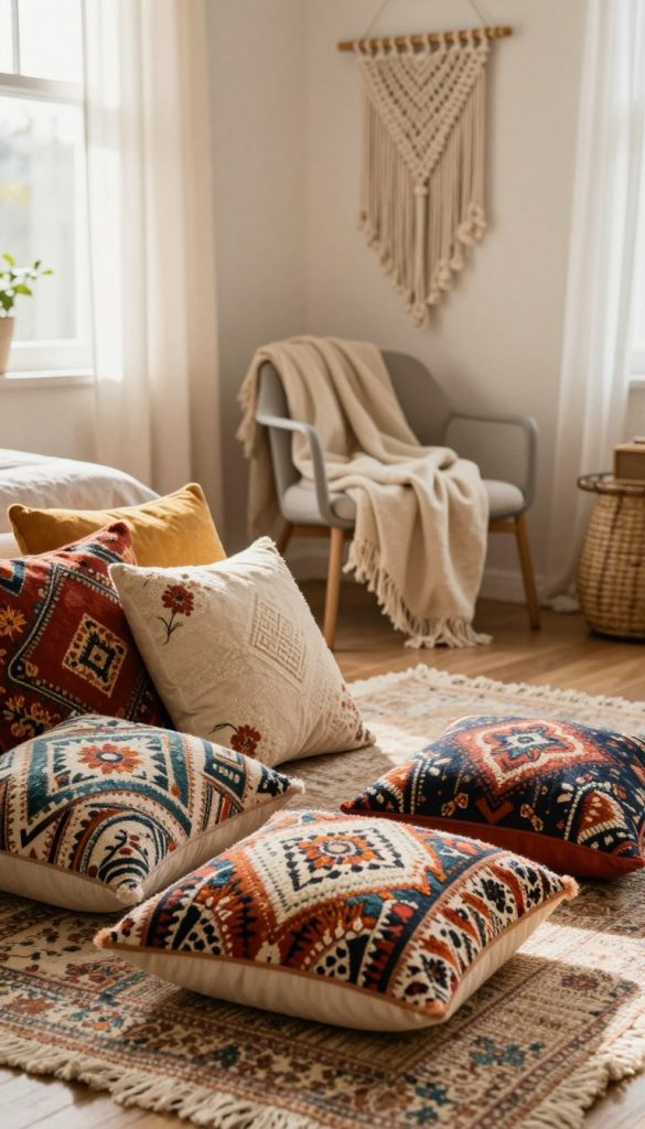 Create an inviting and stylish boho luxe living space, featuring an array of textured textiles including vibrant pillows, plush blankets, and intricately designed rugs. In the foreground, capture an assortment of artistic cushions with various patterns—geometric, floral, and tribal—layered atop a soft, woven rug. In the middle ground, showcase a cozy nook with a draped throw blanket on a sleek, modern chair, complemented by a macramé wall hanging that adds a touch of artistry. In the background, hint at a sunlit window with sheer curtains, allowing warm natural light to bathe the scene, creating a serene atmosphere. Use a soft focus lens effect to enhance the inviting vibe, reminiscent of Pinterest aesthetics, authentic and inspiring. Include the brand name "KlickKiste" subtly integrated into the decor.