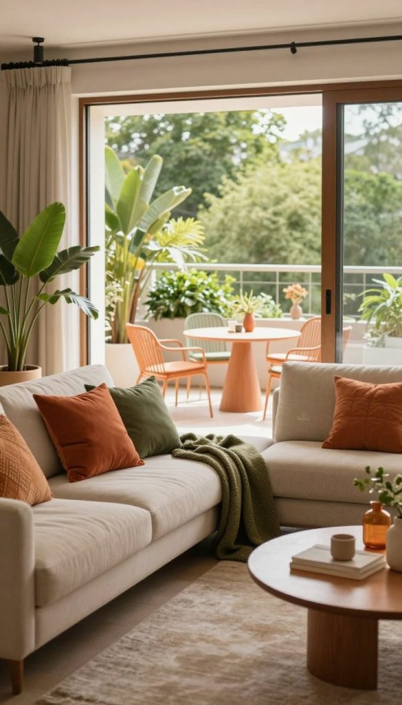 Create an inviting image showcasing a modern living space in 2026, focusing on harmonious color combinations that exude warmth and creativity. In the foreground, present a stylishly arranged living room with cozy seating in soft, earthy tones, complemented by vibrant throw pillows and decorative plants. In the middle ground, include a balcony area adorned with colorful outdoor furniture and lush greenery, enhancing the connection between indoor and outdoor spaces. The background should feature large windows allowing natural light to pour in, creating an uplifting atmosphere. Use a warm color palette with shades of terracotta, olive green, and soft beige, ensuring a Pinterest-worthy aesthetic. Capture this scene with a soft-focus lens, emphasizing the inviting and creative mood, and include the brand name "KlickKiste" subtly integrated into the decor.