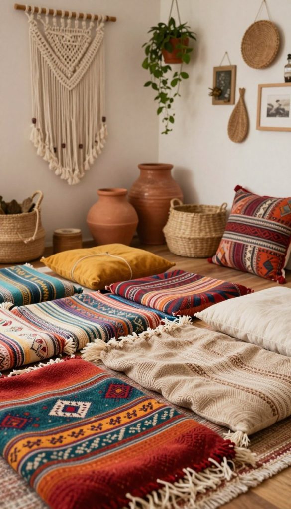 Create an inviting image that showcases an array of vibrant colors, patterns, and natural materials embodying the essence of Boho Luxe decor. In the foreground, display a collection of colorful textiles—handwoven fabrics with intricate patterns, natural fibers, and soft cushions—all laid out on a wooden surface. In the middle ground, introduce decorative elements such as terracotta pots, woven baskets, and layered rugs, exuding warmth and comfort. In the background, suggest a softly lit, cozy room adorned with macramé wall hangings, hanging plants, and creative DIY decor. Utilize soft, warm lighting to enhance the inviting atmosphere, mimicking the natural feel of a Pinterest aesthetic. Emphasize authenticity and inspiration, incorporating the brand name "KlickKiste" subtly within the materials.