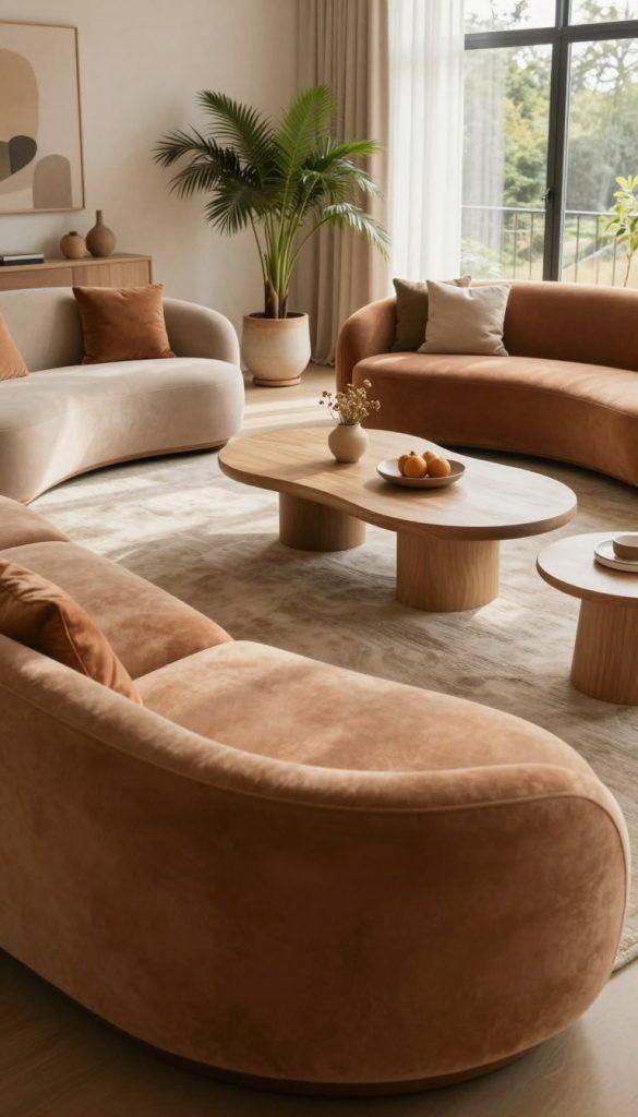 Create an inviting living room scene that showcases organic curves in furniture design. In the foreground, display a stylish sofa with flowing lines, upholstered in warm, earthy tones. Surround it with unique, curvilinear coffee tables and decorative elements that reflect a nature-inspired theme. In the middle ground, include soft, textured rugs and potted plants that add warmth and a welcoming atmosphere. The background should have large windows allowing natural light to flood the space, accentuating the organic shapes. Use warm lighting to create a cozy mood, emphasizing shadows and soft highlights. Capture this scene with a wide-angle lens to enhance depth, creating a harmonious, tranquil environment. The image should embody authenticity and inspiration, reflecting a "KlickKiste" aesthetic.