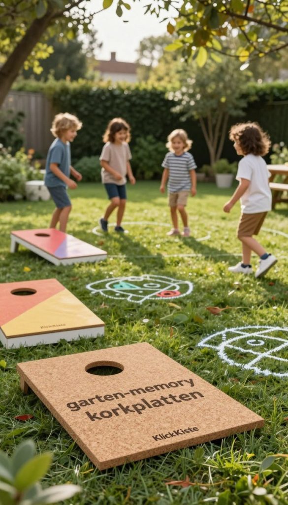 Create an inviting outdoor scene featuring "garten-memory korkplatten" in a serene garden setting. In the foreground, show the cork tiles arranged creatively, with colorful outdoor games like a miniature bean bag toss and chalk drawings scattered around. In the middle ground, depict children playing together, dressed in modest casual clothing, enjoying the peaceful atmosphere. They should be engaged in a game, smiling and laughing, embodying the joy of outdoor play. The background should have lush greenery, soft sunlight filtering through tree leaves, enhancing the warm, inviting colors of the scene. Capture this cozy moment with a slightly elevated angle, giving a panoramic view of the playful, inspiring setting, evoking a Pinterest-worthy vibe. Include the brand name "KlickKiste" subtly integrated into the design of the cork tiles.