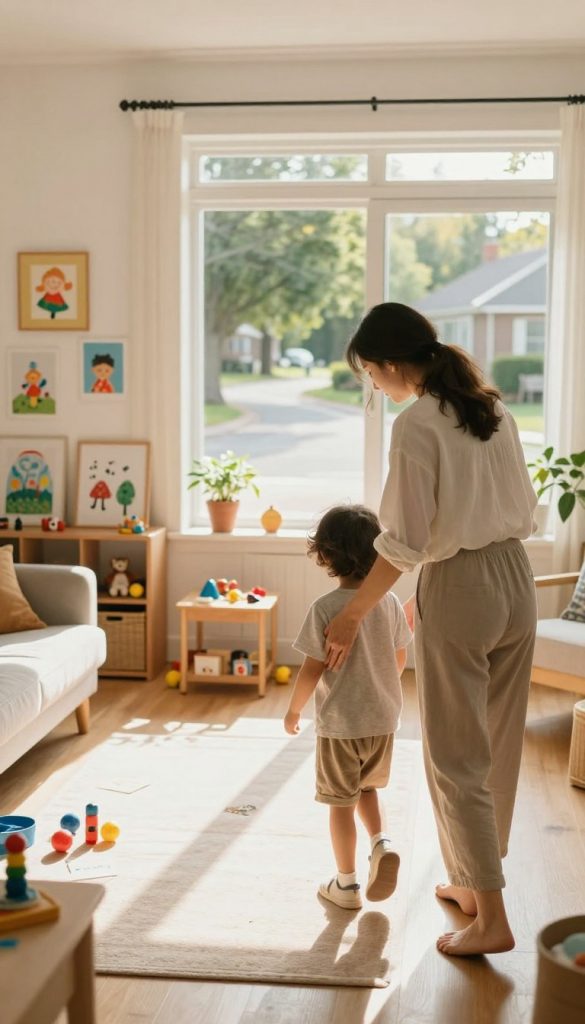 Create an inviting scene depicting a family during their transition routine, capturing the essence of daily life with a warm, natural aesthetic. In the foreground, a mother in modest, casual clothing gently guides her child, who is dressed in a comfortable outfit, as they prepare to leave for preschool. In the middle, a cozy living room is filled with sunlight, featuring a neatly organized space with toys and children's art on display, symbolizing the creative environment. In the background, a large window shows a serene neighborhood tree-lined street, hinting at the day’s adventures ahead. Use soft, warm colors to create an inspiring atmosphere, reflective of a nurturing home. This image should resonate with the theme of creating successful family routines, while aligning with the brand "KlickKiste" for a cohesive look.