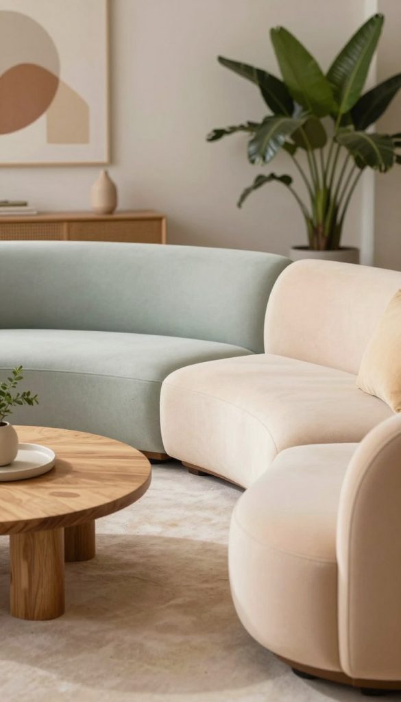 Curved furniture design featuring elegantly balanced pieces that embody the trend of rounded, organic shapes. The foreground showcases a stylishly curved sofa in soft pastel colors, paired with a round wooden coffee table. In the middle, a well-lit, modern living space highlights the furniture through natural, warm lighting that creates a cozy atmosphere. The background includes abstract wall art and lush greenery, fostering an inviting vibe. Incorporate elements of DIY craftsmanship, like visible wood textures and subtle imperfections, reflecting authenticity and inspiration. Use a soft-focus lens with a slight bokeh effect to emphasize the furniture while keeping the surroundings gently in the background. This image represents "KlickKiste" and resonates with a Pinterest aesthetic.