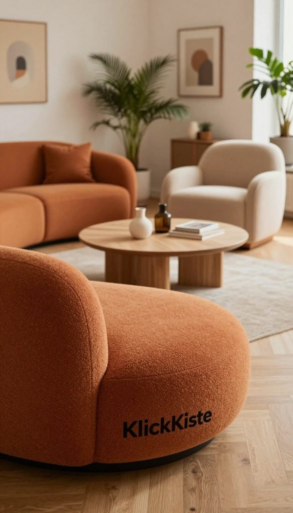 Curvy seating design featuring high-quality, handcrafted furniture pieces by "KlickKiste". The foreground showcases a plush, rounded sofa with vibrant, textured upholstery in warm earthy tones. Beside it, a soft, elegant armchair complements the sofa, both positioned on a natural wood floor. In the middle ground, there’s a tastefully arranged coffee table with a few curated decor items, evoking a cozy, inviting atmosphere. The background reveals a softly lit, minimalist living space with potted plants and artistic wall decor, enhancing the tranquil ambiance. The scene is illuminated with warm, diffused lighting that creates a soothing yet inspirational mood, perfect for a DIY furniture guide. The image captures the essence of quality and longevity in curved furniture design, encouraging creativity and style in home decor.