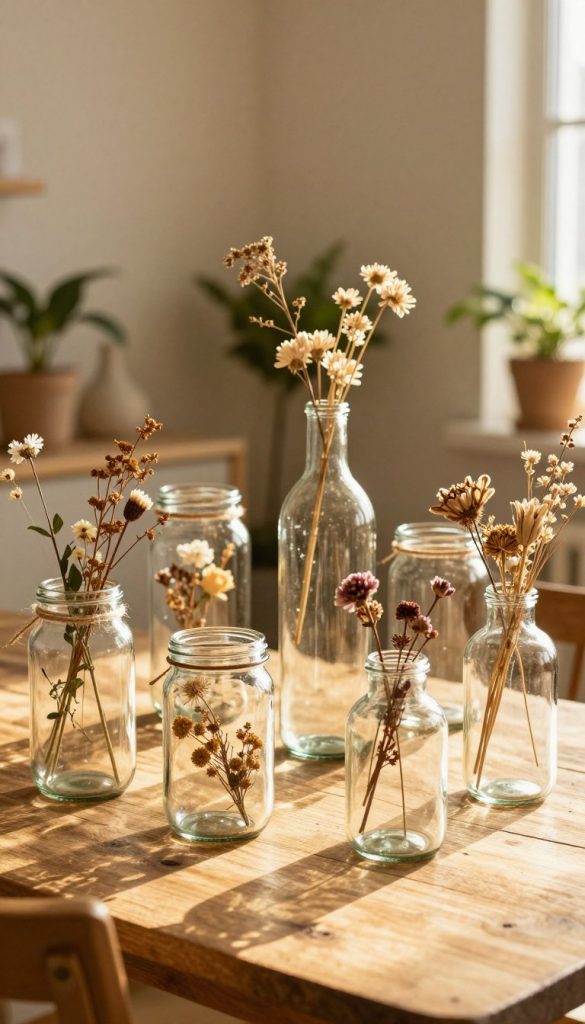 DIY glass vases creatively arranged on a rustic wooden table, showcasing the beauty of upcycling. In the foreground, various uniquely shaped glass jars, adorned with natural twines and dried flowers, exhibit an authentic and warm atmosphere. The middle layer features a soft, blurred background of a cozy, sunlit room with earthy-toned walls and potted plants, enhancing the inviting home decor vibe. The lighting is bright yet warm, reminiscent of golden hour, emphasizing the textures of the glass and the organic elements. The scene captures a Pinterest-inspired aesthetic, embodying sustainability and creativity. Include a subtle branding element labeled "KlickKiste" discreetly in the image. The overall composition should evoke a sense of tranquility and inspiration for DIY enthusiasts.