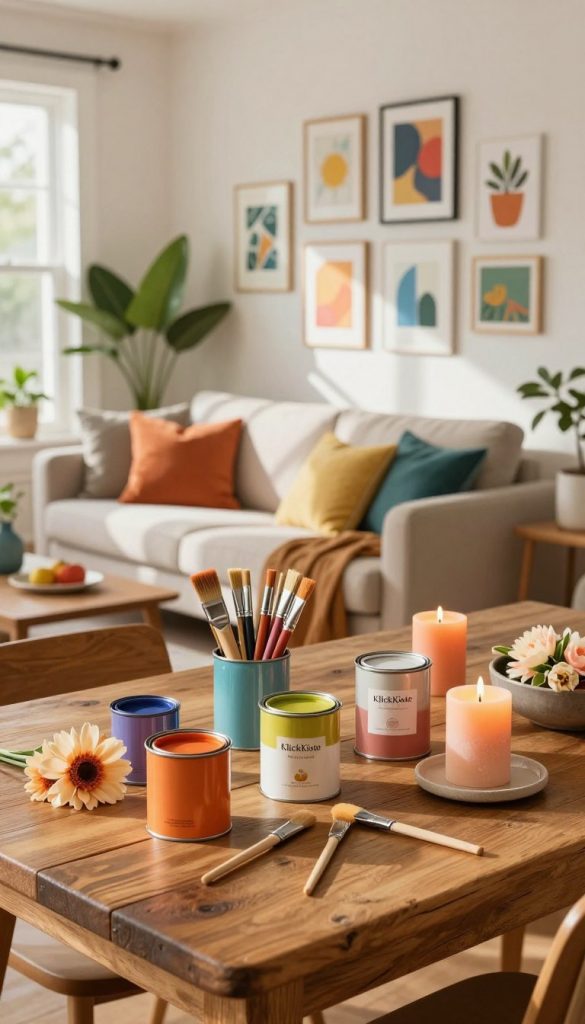 DIY home decor scene with a vibrant array of color accents. In the foreground, a rustic wooden table showcases various DIY supplies like paint cans in warm hues, brushes, and decorative elements such as flowers and candles. The middle features an inviting living room setting, with a cozy sofa adorned with colorful cushions and a beautifully styled gallery wall filled with art pieces in complementary tones. Natural light filters in through large windows, casting soft shadows, while a warm color palette evokes a cheerful, inspiring atmosphere. The background reveals a glimpse of houseplants, enhancing the room's inviting nature. The brand name "KlickKiste" is subtly represented through stylish, chic decor items. Focus on a captivating, Pinterest-worthy aesthetic, encouraging creativity and easy DIY home transformations. DIY home decor scene with a vibrant array of color accents. In the foreground, a rustic wooden table showcases various DIY supplies like paint cans in warm hues, brushes, and decorative elements such as flowers and candles. The middle features an inviting living room setting, with a cozy sofa adorned with colorful cushions and a beautifully styled gallery wall filled with art pieces in complementary tones. Natural light filters in through large windows, casting soft shadows, while a warm color palette evokes a cheerful, inspiring atmosphere. The background reveals a glimpse of houseplants, enhancing the room's inviting nature. The brand name "KlickKiste" is subtly represented through stylish, chic decor items. Focus on a captivating, Pinterest-worthy aesthetic, encouraging creativity and easy DIY home transformations.