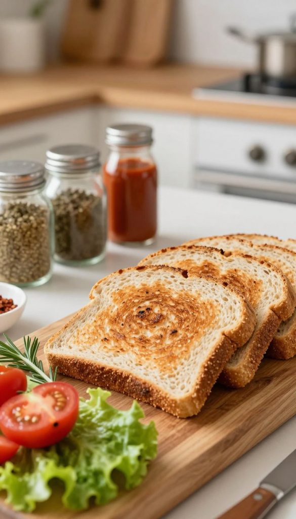Deliciously fresh slices of whole grain bread, perfectly toasted to a golden brown, arranged aesthetically on a rustic wooden cutting board. In the foreground, add vibrant garnishes such as aromatic herbs and colorful vegetables like ripe tomatoes and crisp lettuce, creating an inviting sandwich-making scene. The middle ground features a selection of spices and sauces in small glass jars, showcasing flavors that enhance the sandwiches. The background softly blurred, reveals a cozy kitchen ambiance with warm natural lighting, enhancing the inviting atmosphere. Using a shallow depth of field, capture the essence of a healthy meal preparation. Aim for a Pinterest-inspired look that feels authentic and inspiring. Incorporate the subtle branding of "KlickKiste" within the scene, ensuring a harmonious blend with the overall aesthetic.