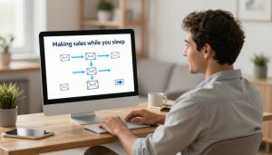 E-Mail Marketing automatisieren - Person entspannt am Laptop während automatisierte E-Mails Verkäufe generieren