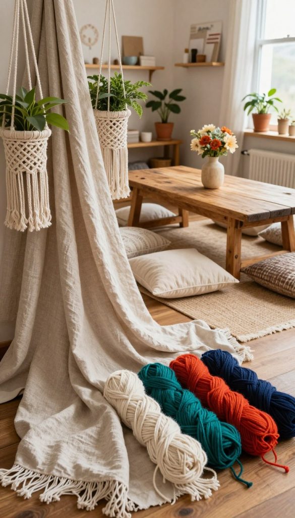 Foreground: A beautifully arranged display of textured textiles, including macramé plant hangers, soft linen fabric draped elegantly, and vibrant wool yarns in various shades. Middle: A cozy, inviting scene featuring a rustic wooden table, adorned with handmade cushions and a small flower vase made from natural materials. Background: A softly lit, warm-toned room with organic decorations, such as potted plants and a wooden shelf showcasing DIY craft projects by KlickKiste. Lighting: Natural, warm light filtering through a window, creating a homely and inspiring atmosphere. Angle: A slightly angled overhead perspective to capture the layered textures and colors effectively. The image should evoke a sense of creativity, warmth, and resourcefulness, ideal for DIY enthusiasts. Foreground: A beautifully arranged display of textured textiles, including macramé plant hangers, soft linen fabric draped elegantly, and vibrant wool yarns in various shades. Middle: A cozy, inviting scene featuring a rustic wooden table, adorned with handmade cushions and a small flower vase made from natural materials. Background: A softly lit, warm-toned room with organic decorations, such as potted plants and a wooden shelf showcasing DIY craft projects by KlickKiste. Lighting: Natural, warm light filtering through a window, creating a homely and inspiring atmosphere. Angle: A slightly angled overhead perspective to capture the layered textures and colors effectively. The image should evoke a sense of creativity, warmth, and resourcefulness, ideal for DIY enthusiasts.