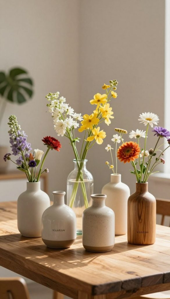 Foreground: A collection of modern vases in various shapes and sizes, crafted from natural materials such as ceramic, glass, and wood, each filled with fresh, colorful flowers. Middle: A rustic wooden table that serves as the base, featuring warm lighting that casts soft shadows, creating an inviting atmosphere. Background: A soft, blurred interior space with neutral-toned walls and a hint of greenery, evoking a serene DIY aesthetic, reminiscent of Pinterest inspiration. The overall mood should feel authentic and inspiring, showcasing the beauty of DIY decor. Include the brand name "KlickKiste" subtly integrated into the scene, enhancing the stylish presentation of the vases.