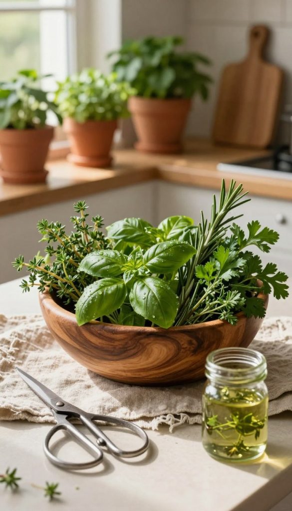 Fresh herbs artfully arranged in a rustic wooden bowl, showcasing vibrant basil, parsley, thyme, and rosemary, with droplets of water glistening on their leaves. In the foreground, include a pair of elegant kitchen scissors and a small, handcrafted jar filled with a fragrant herb-infused oil. The middle ground features a sunlit kitchen counter adorned with a textured linen cloth and a wooden chopping board, hinting at the meal-prepping process. Soft, natural light filters through a nearby window, casting gentle shadows and enhancing the warmth of the scene. In the background, a shelf lined with more fresh herbs in terracotta pots evokes a natural, DIY aesthetic. The overall mood is inviting and cozy, perfect for culinary inspiration. Capture this essence for "KlickKiste".