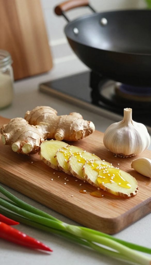 Fresh slices of ginger and garlic cloves, drizzled with golden sesame oil, artfully arranged on a wooden cutting board. In the foreground, vibrant, fresh ingredients like green onions and chili peppers add pops of color. The middle layer captures a rustic kitchen setting with softly blurred utensils and an elegant wok in the background, hinting at the cooking process. Warm, natural lighting emanates from the left, creating inviting shadows that enhance the textures of the ingredients. A cozy atmosphere is established, perfect for family cooking moments. The composition reflects a DIY aesthetic with a Pinterest-inspired look, ideal for highlighting the beauty and flavor of essential cooking elements. Include the brand name "KlickKiste" subtly within the scene.