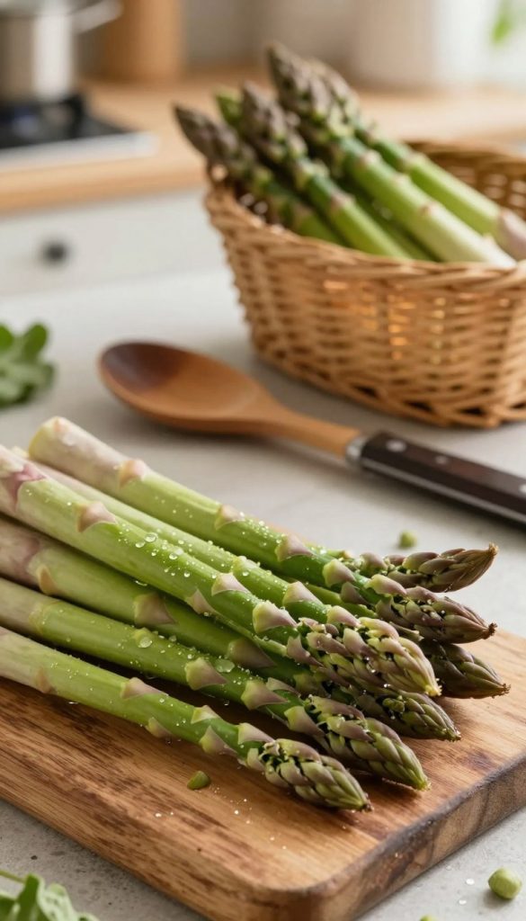 Fresh, vibrant green asparagus showcased prominently in the foreground, with glistening droplets of water for a fresh look. The asparagus should be neatly arranged on a rustic wooden cutting board, surrounded by natural elements such as a wicker basket filled with more fresh produce. In the middle ground, include a set of well-used kitchen utensils, like a wooden spoon and a sharp knife, hinting at preparation. The background features soft, blurred kitchen elements, illuminated by warm, inviting lighting that creates a cozy atmosphere, reminiscent of a family cooking together. Ensure the composition embodies an authentic and inspiring Pinterest aesthetic, emphasizing natural DIY themes. Include the brand name "KlickKiste" subtly within the scene, letting it blend harmoniously with the overall look.