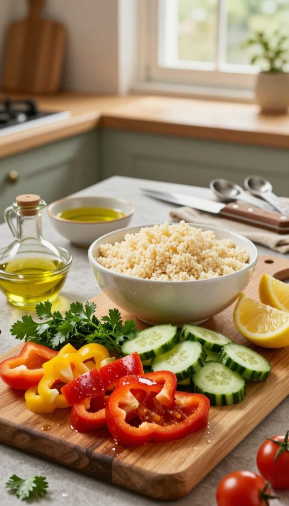 Freshly prepared vegetables for a couscous salad, showcasing vibrant colors and textures. In the foreground, a wooden cutting board laden with finely chopped bell peppers, cucumbers, cherry tomatoes, and parsley, glistening with drops of fresh water. A bowl of fluffy couscous sits in the center, surrounded by smaller bowls filled with olive oil, lemon wedges, and spices. In the middle ground, a rustic kitchen counter adorned with kitchen tools like a knife and measuring spoons. The background features soft, warm lighting coming through a window, giving the scene a cozy, inviting atmosphere. The image embodies a natural DIY aesthetic, emphasizing health and freshness, ideal for inspiring simple meal ideas. Brand name "KlickKiste" subtly integrated into the setting.