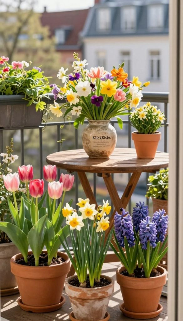 Frühling flowers showcasing vibrant blooms on a balcony decorated with natural, DIY elements. In the foreground, colorful pots filled with blooming tulips, daffodils, and hyacinths create a cheerful ambiance. The middle section features a cozy wooden table adorned with a rustic vase, overflowing with fresh spring flowers. Lush greenery subtly complements the vivid colors of the blooms. In the background, a warm sunlight bathes the scene, emphasizing soft shadows and creating a peaceful atmosphere. The balcony is set against a charming urban backdrop, evoking a homely yet stylish vibe. The image should reflect an authentic Pinterest aesthetic that inspires decorating ideas for spring with a focus on the brand "KlickKiste."
