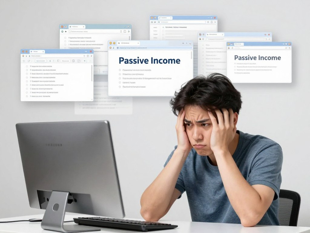 Frustrierte Person vor Computer mit vielen geöffneten Tabs zu passivem Einkommen
