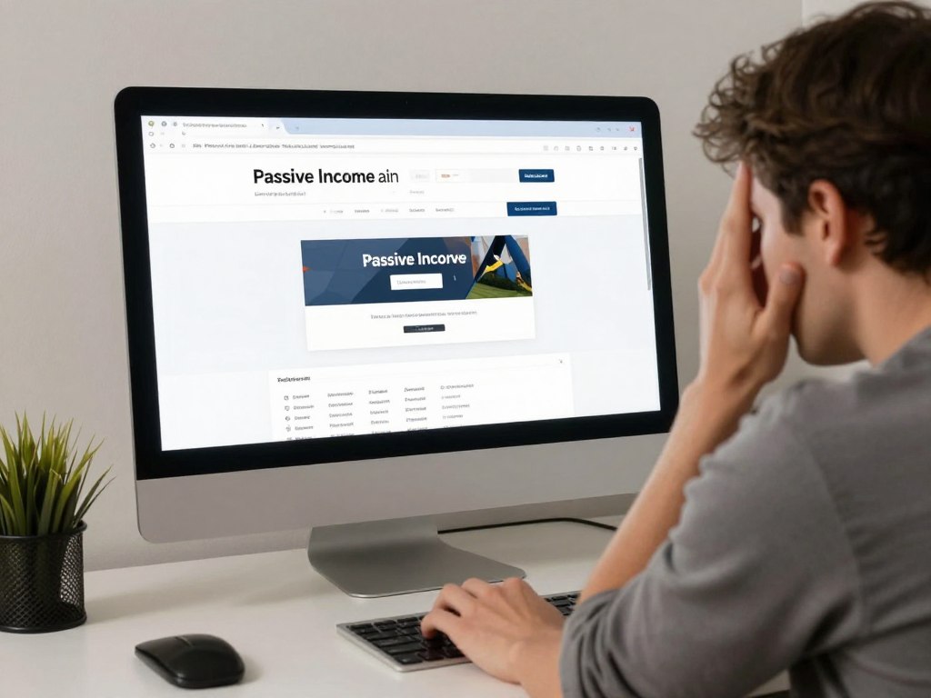 Frustrierte Person vor einem Computer mit vielen geöffneten Tabs zu passivem Einkommen